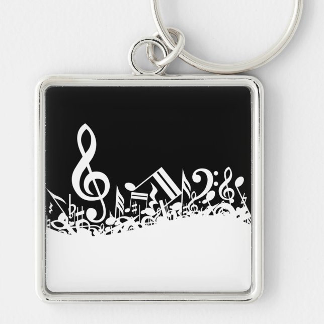 White Jumbled Musical Notes on Black Keychain (Front)