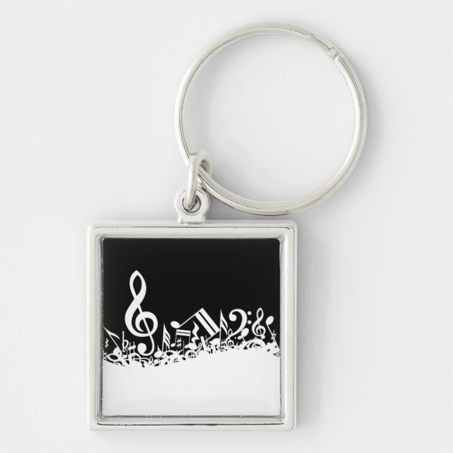 White Jumbled Musical Notes on Black Keychain (Front)