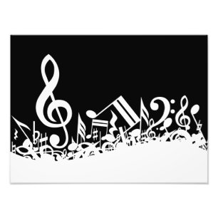 White Jumbled Musical Notes on Black Photo Print