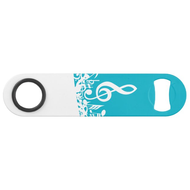 White Jumbled Musical Notes on Turquoise Bar Key (Front (Horizontal))