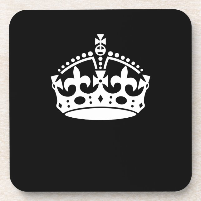 White Keep Calm Crown on Black Coaster (Front)