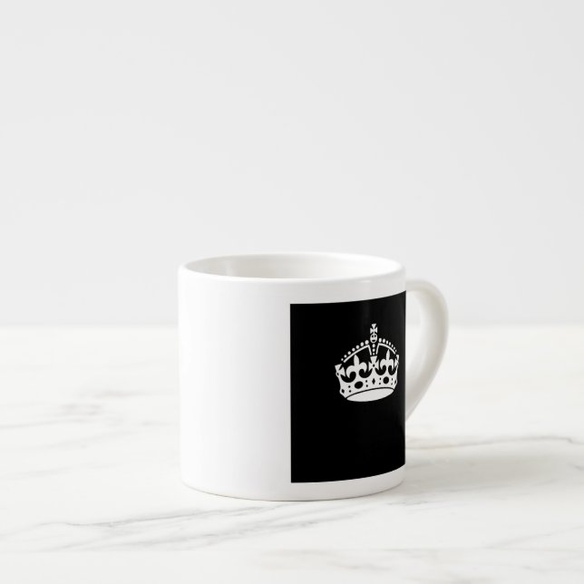 White Keep Calm Crown on Black Espresso Cup (Front Right)