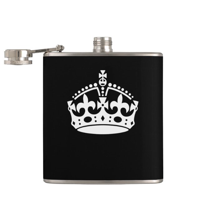 White Keep Calm Crown on Black Hip Flask (Opened)