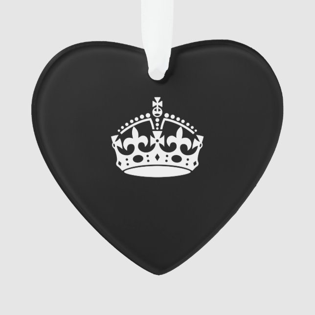 White Keep Calm Crown on Black Ornament (Front)