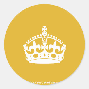 White Keep Calm Crown on Gold Background Classic Round Sticker
