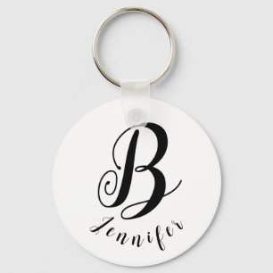 White Keychain Simple Plain Black Initial Script 