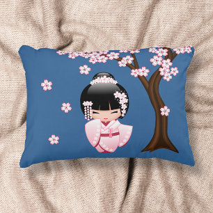 White Kimono Kokeshi Doll - Cute Geisha Girl Accent Pillow