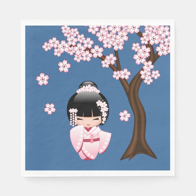 White Kimono Kokeshi Doll - Cute Geisha Girl Blue Napkin (Front)