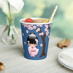 White Kimono Kokeshi Doll - Cute Geisha Girl Blue Paper Cups