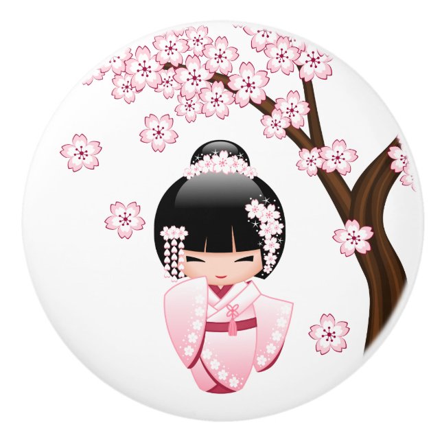White Kimono Kokeshi Doll - Cute Geisha Girl Ceramic Knob (Front)