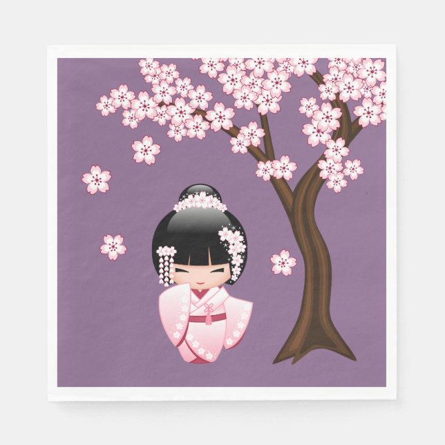 White Kimono Kokeshi Doll - Cute Geisha Girl Purpl Napkin (Front)