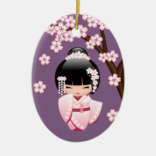 White Kimono Kokeshi Doll Cute Geisha Girl Purple Ceramic Ornament