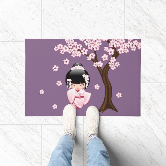 White Kimono Kokeshi Doll Cute Geisha Girl Purple Doormat (Indoor)
