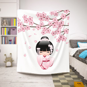 White Kimono Kokeshi Doll - Cute Geisha Girl Sherpa Blanket