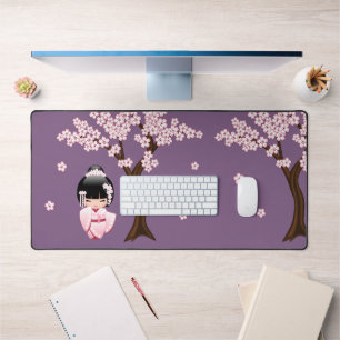 White Kimono Kokeshi Doll Cute Geisha Purple Desk Mat
