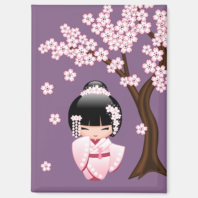 White Kimono Kokeshi Doll - Cute Geisha Purple Magnet (Front)