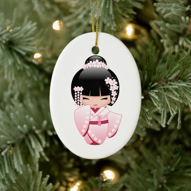 White Kimono Kokeshi Doll - Geisha Girl Ceramic Ornament (Tree)