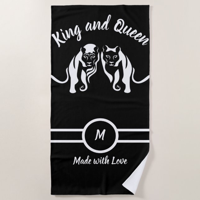 White Kings and Queens Black Leo Lion and Lioness Beach Towel (Front)