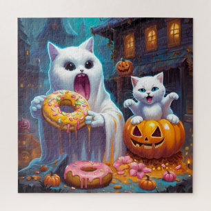 White Kitten and Ghost eat Halloween Doughnuts Jigsaw Puzzle