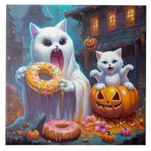White Kitten and Ghost eat Halloween Doughnuts Tile
