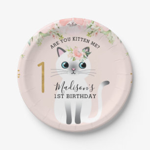 White Kitten Are You Kitten Me 1st Birthday Paper Plate