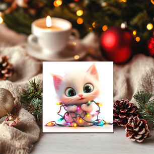 White Kitten Bringing Holiday Cheer Holiday Card