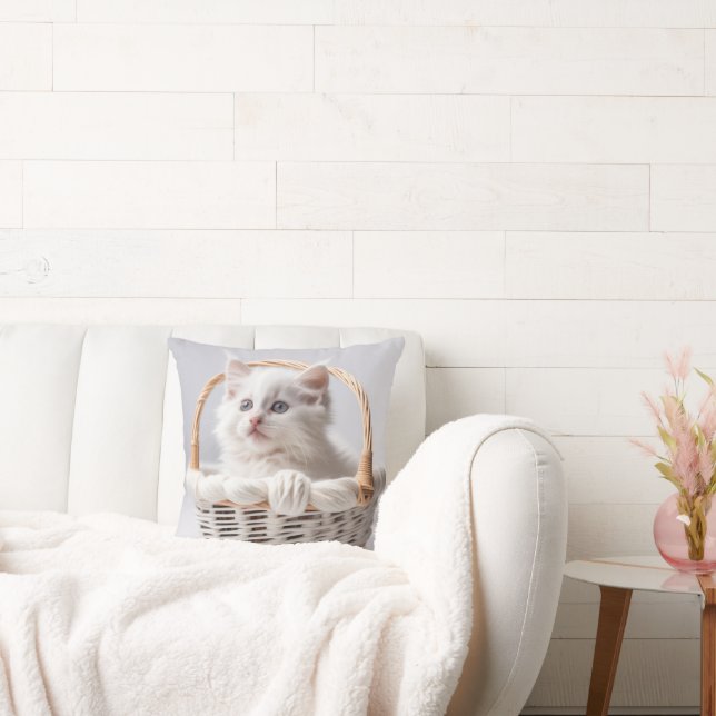 White Kitten In a Basket Throw Pillow (Couch)