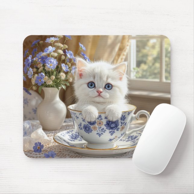 White Kitten In a Teacup Mouse Pad (With Mouse)