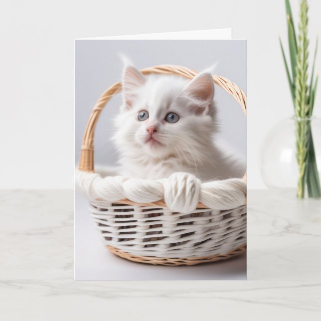 White Kitten In Basket for Thinking of You Card (Front)