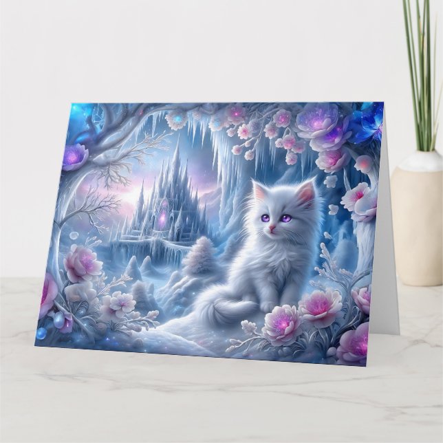 White Kitten in Fantasy Ice Kingdom Card (Front)