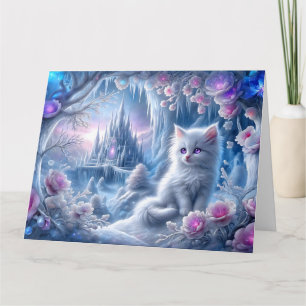 White Kitten in Fantasy Ice Kingdom Card