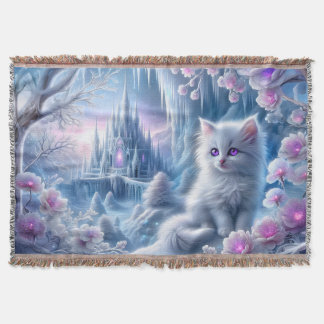 White Kitten in Fantasy Ice Kingdom  Throw Blanket