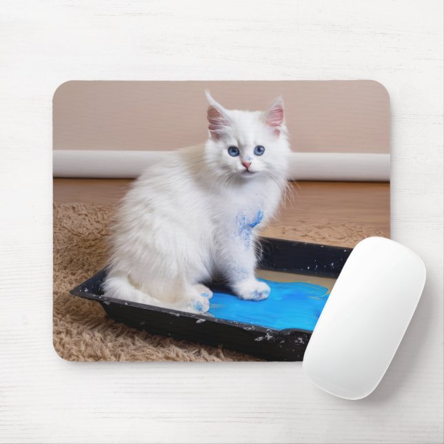 White Kitten In Paint Tray Mouse Pad (With Mouse)