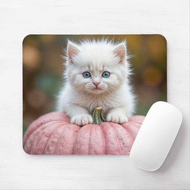 White Kitten On Pink Pumpkin Mouse Pad (With Mouse)