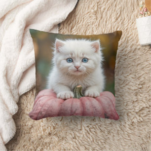 White Kitten On Pink Pumpkin Throw Pillow