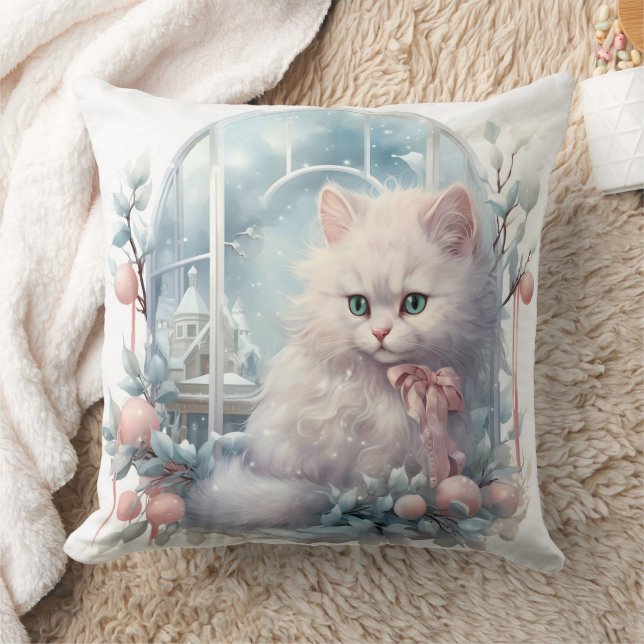 White Kitten Pink Bow and Balls Throw Pillow (Blanket)