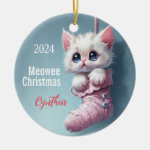 White Kitten Pink Stocking Personalized Ornament