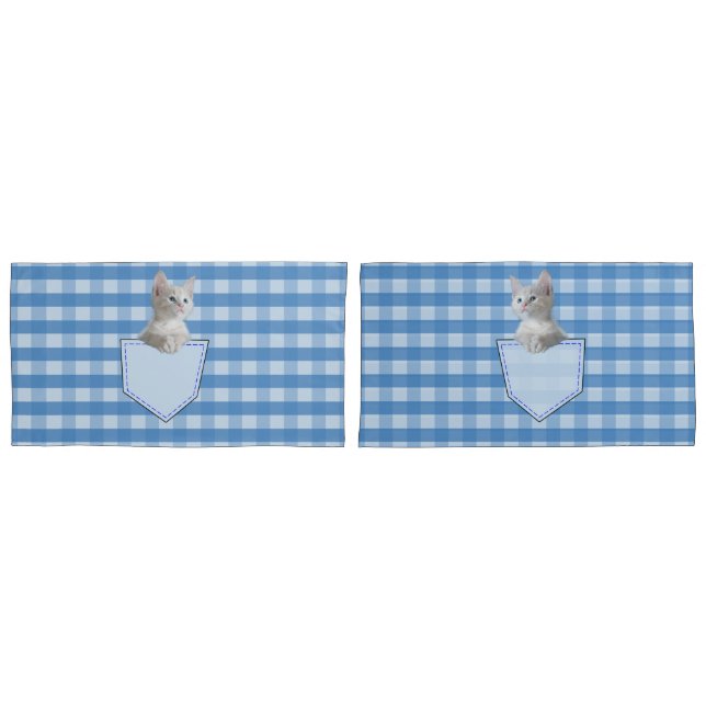 White Kitten pocket blue check funny illusion 3D Pillowcase (Front-Set)