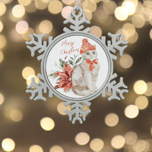 White Kitten Red Poinsettia Merry Christmas Snowflake Pewter Christmas Ornament