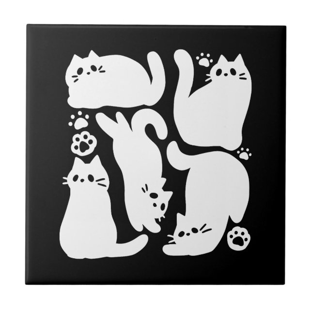 White Kitten Silhouettes - Cute Feline Design Tile (Front)