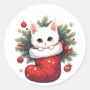 White Kitten Sitting In Red Christmas Stocking Classic Round Sticker