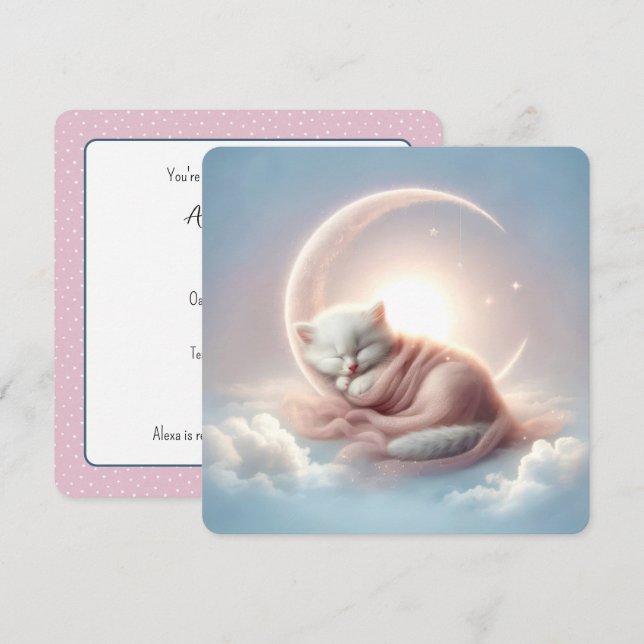 White Kitten Sleeping On a Crescent Moon Invitation (Front/Back)