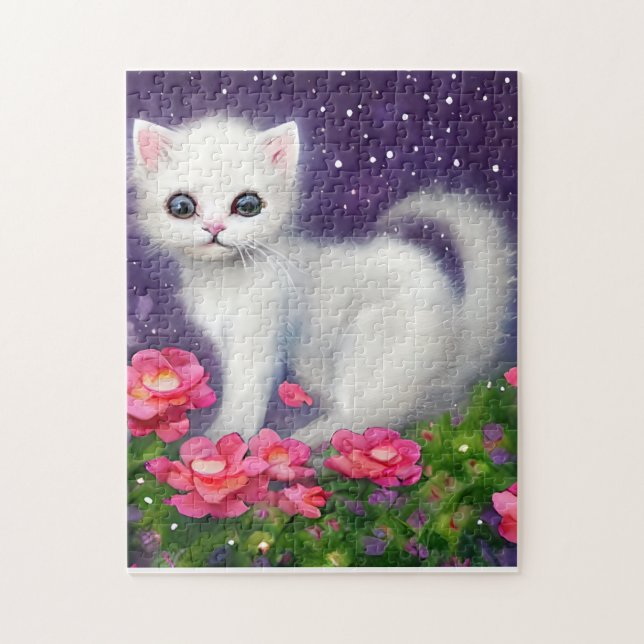 White Kitten Surrounded by Flowers Jigsaw Puzzle (Vertical)