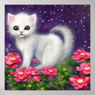 White Kitten Surrounded by Flowers Poster
