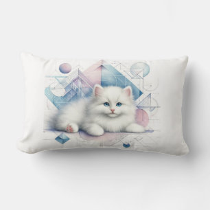 White Kitten Throw Pillow with Geometric Art