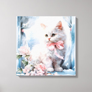 White Kitten With a Pink Bow In A Window Canvas Print