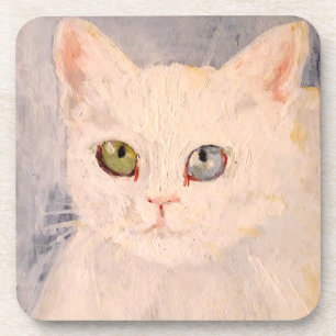 White Kitten with Blue Eye and Green Eye  Beverage Coaster