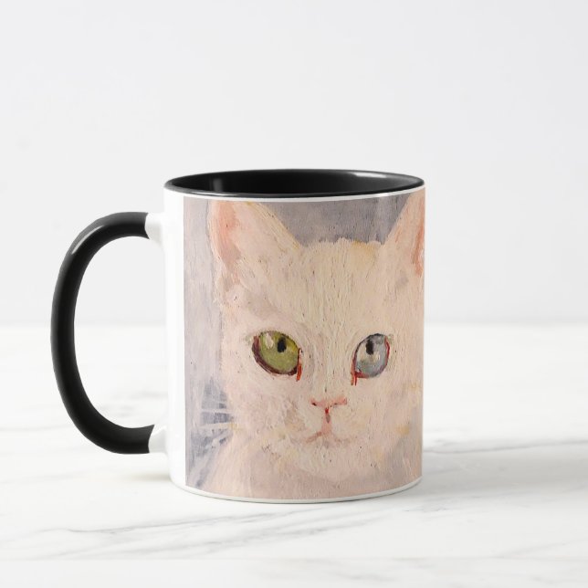 White Kitten with Blue Eye and Green Eye Mug (Left)
