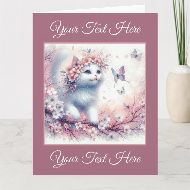 White Kitten with Flowers and Butterflies Card (Front)
