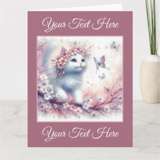 White Kitten with Flowers and Butterflies Card